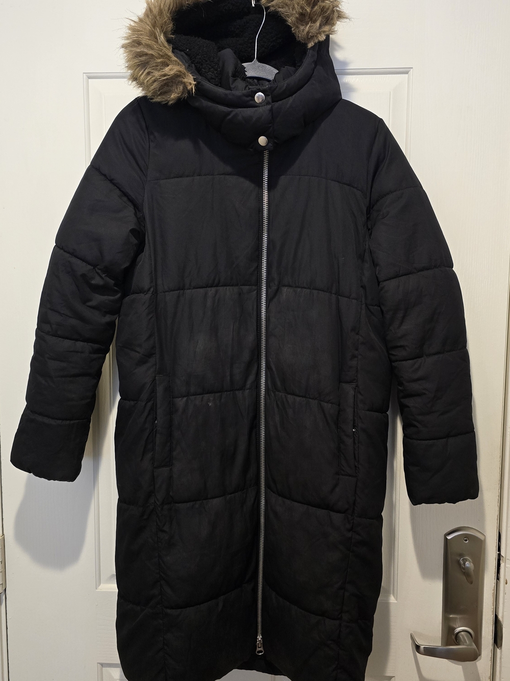 Old Navy Women's Long Puffer Coat Faux Fur Hood Black XS